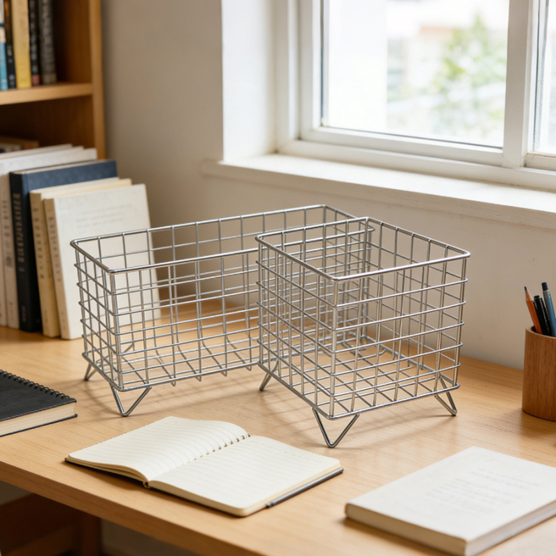 Silver Metal Square Grid Storage Basket, Office and Home Storage Box, Iron Art Hollow-Out Makeup Organizer Rack