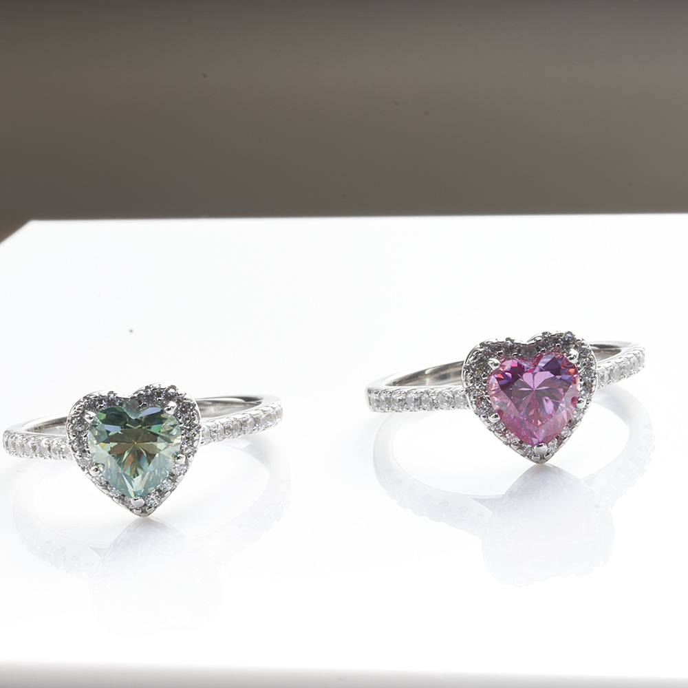Anillo rosa azul verde de moissanita, anillo de moissanita de plata en forma de 1 quilate de forma de corazón