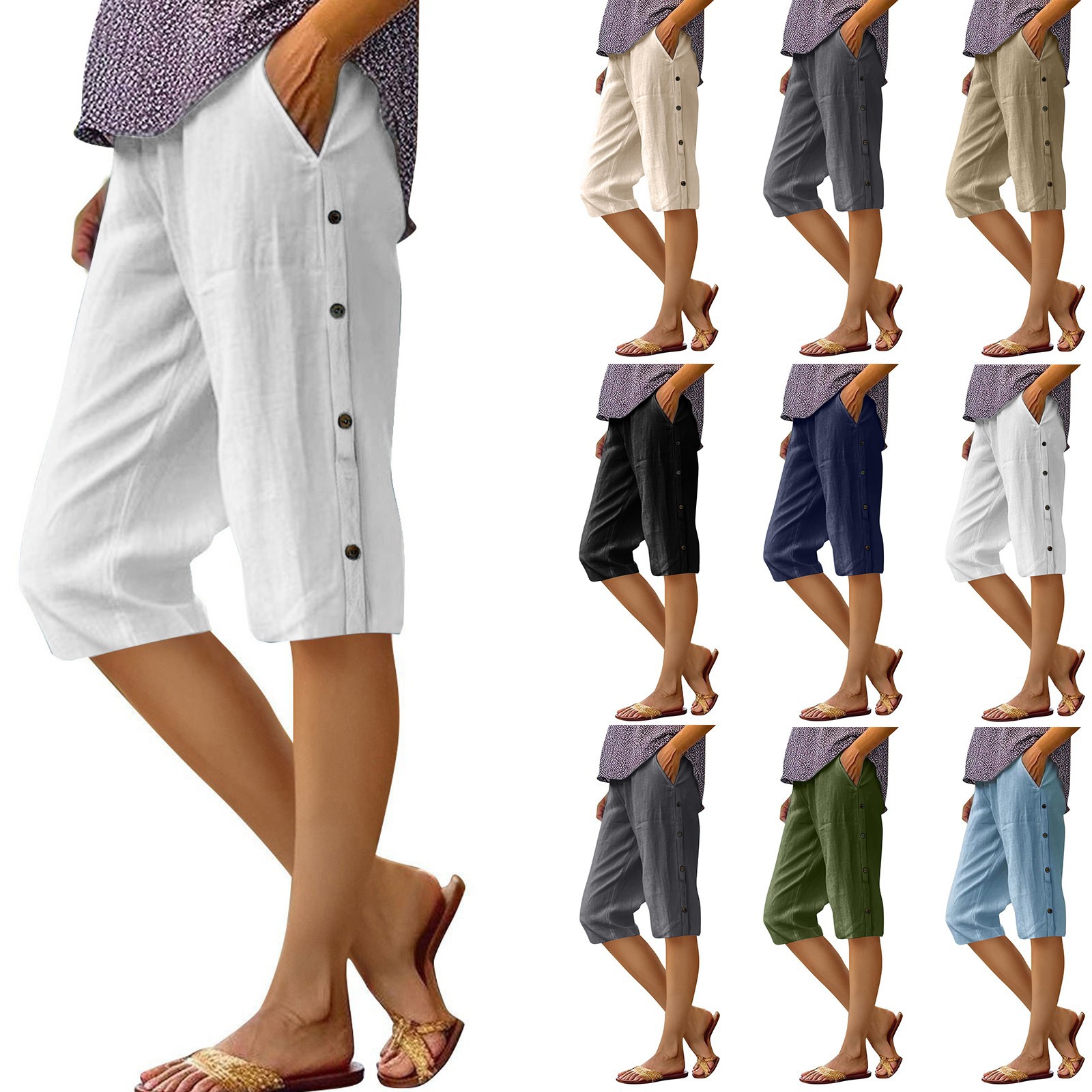 Cross-Border European and American Fashion New Cotton and Linen Breathable Cropped Pants with Side Seam Decorative Buttons and Side Pockets High-Waisted Loose Casual Pants