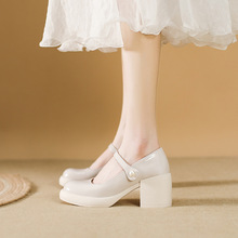 瑪麗珍鞋女2023春季新款珍珠扣復古淺口仙女鞋高跟圓頭真皮單鞋子