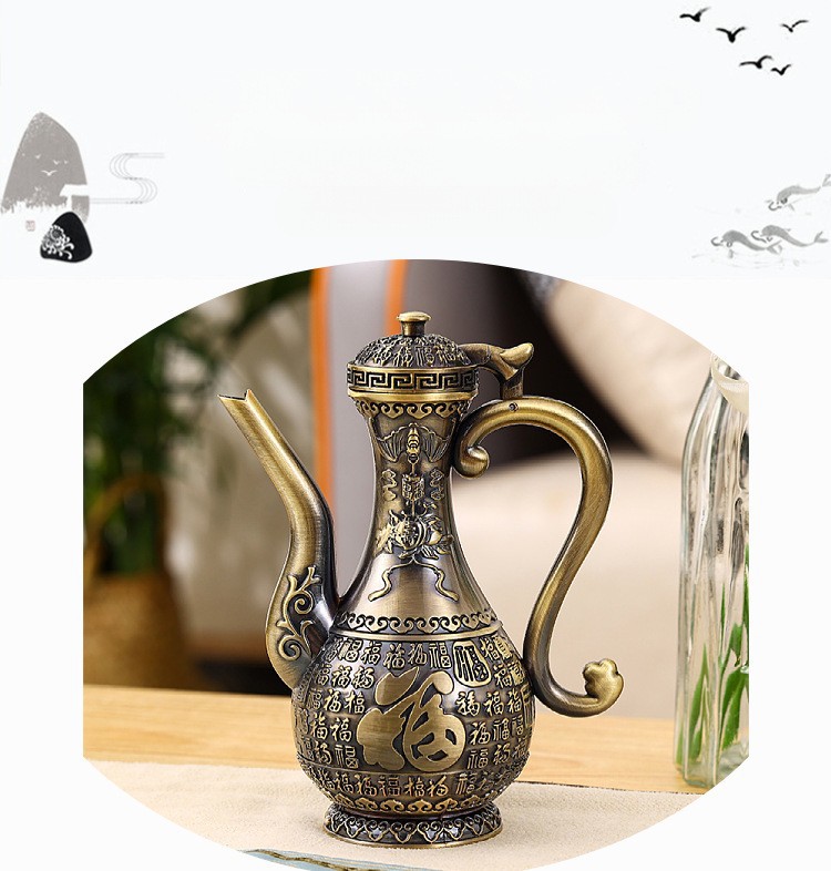 新疆酒壺中式仿古供奉酒壺仿古代銅器道具老酒壺家用婚慶酒具擺件|咖啡