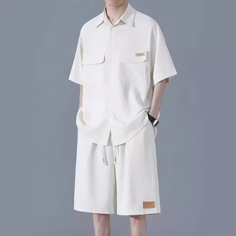 Summer Ice Silk Shirt Suit for Boys, Loose Shirt and Shorts, Handsome Matchinginging Youth Fashion Casual Two-piece Set