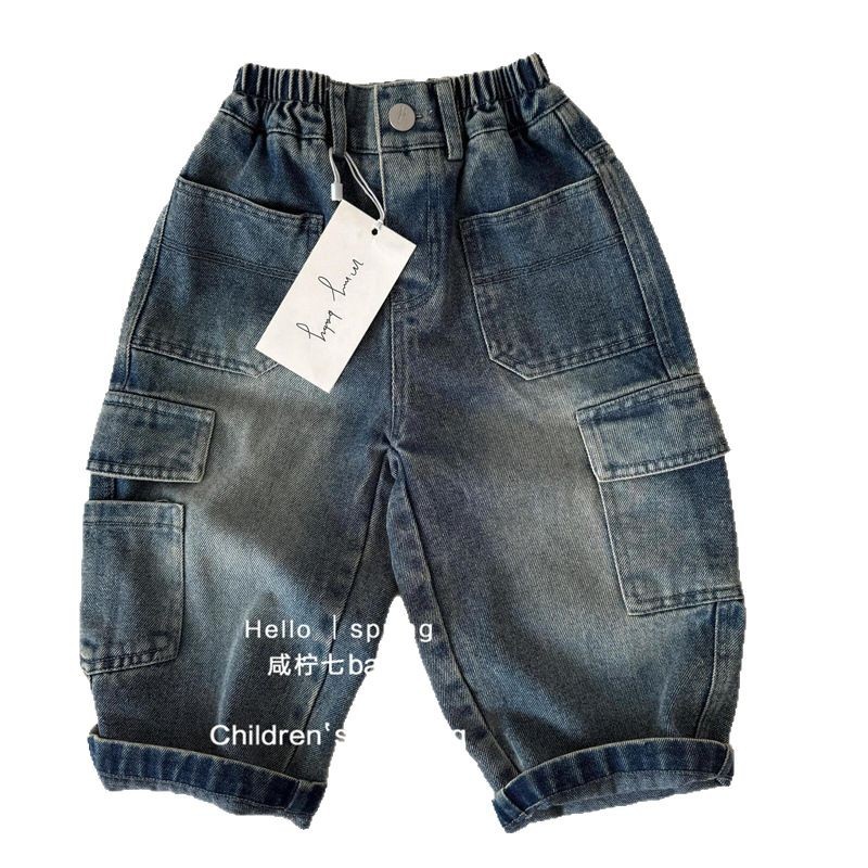 Pantalones largos infantiles primavera 2025, nuevos jeans unisex de color sólido con bolsillos, pantalones cargo rectos para bebé