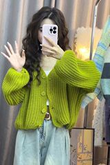 春秋2025新款针织开衫上衣女韩版灯笼袖温柔风长袖小个子短款外套