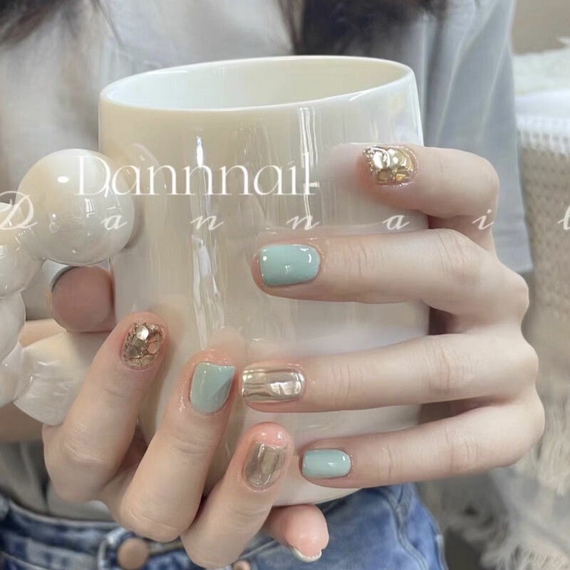 [Original Real shot] fake nails hand-wear nail fresh milky green mirror champagne flash big sequins wear