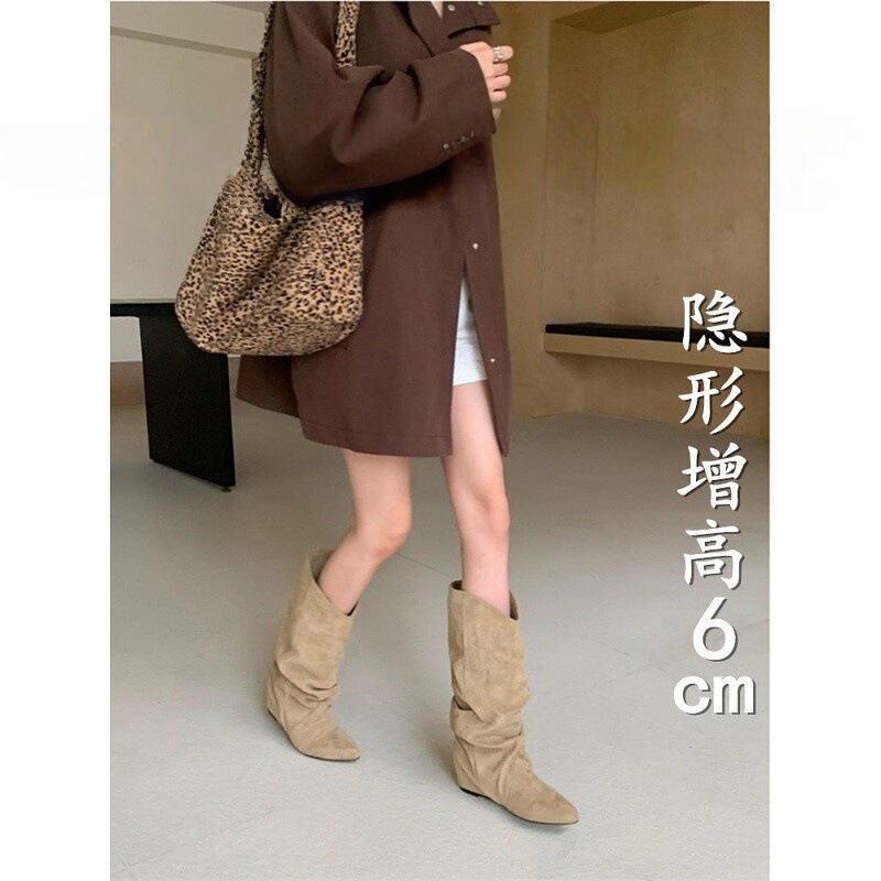 Retro Pleated Slouch Boots with Pointed Toe, Hidden Internal Height Increase, Western Cowboy Mid-Calf Boots, Suede Melad Boots for Women
