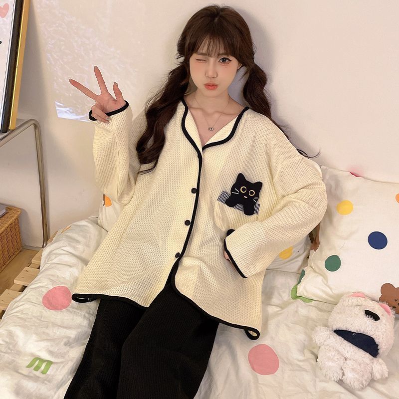 Transfronterizo al por mayor otoño y invierno de algodón waffle lindos cardigans pantalones de manga larga calentamiento ropa de hogar conjunto pijamas mujeres