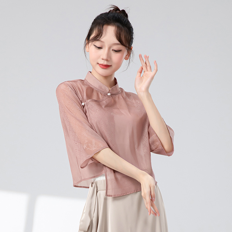 新中式古典舞练功服女新款中袖立领盘扣舞蹈服上衣国风日常演出服|undefined