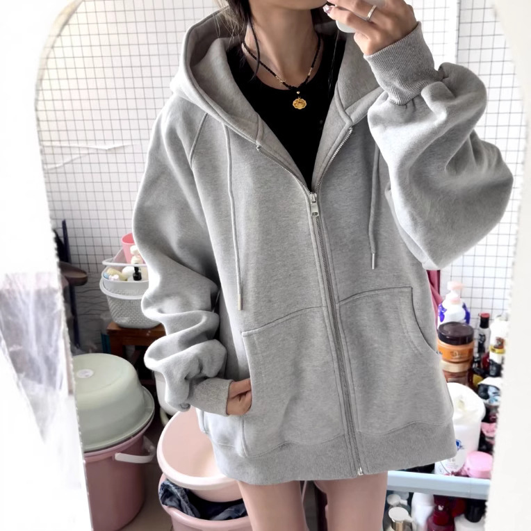 Basic Women's Jacket for Autumn and Winter, New Korean Style, Loose Fit, Hooded Sweatshirt with Raglan Sleeves