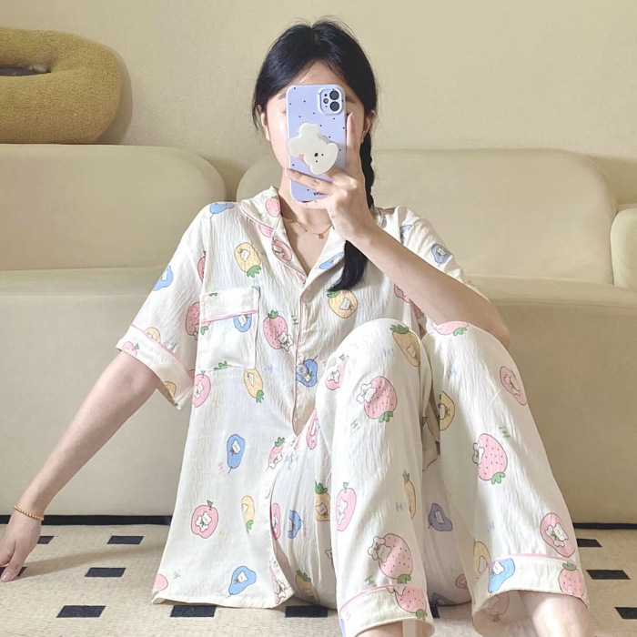 Verano nuevo pijama de amor mujer adorable oso simple ocio delgado nubes algodón ropa doméstica dos piezas conjunto al por mayor