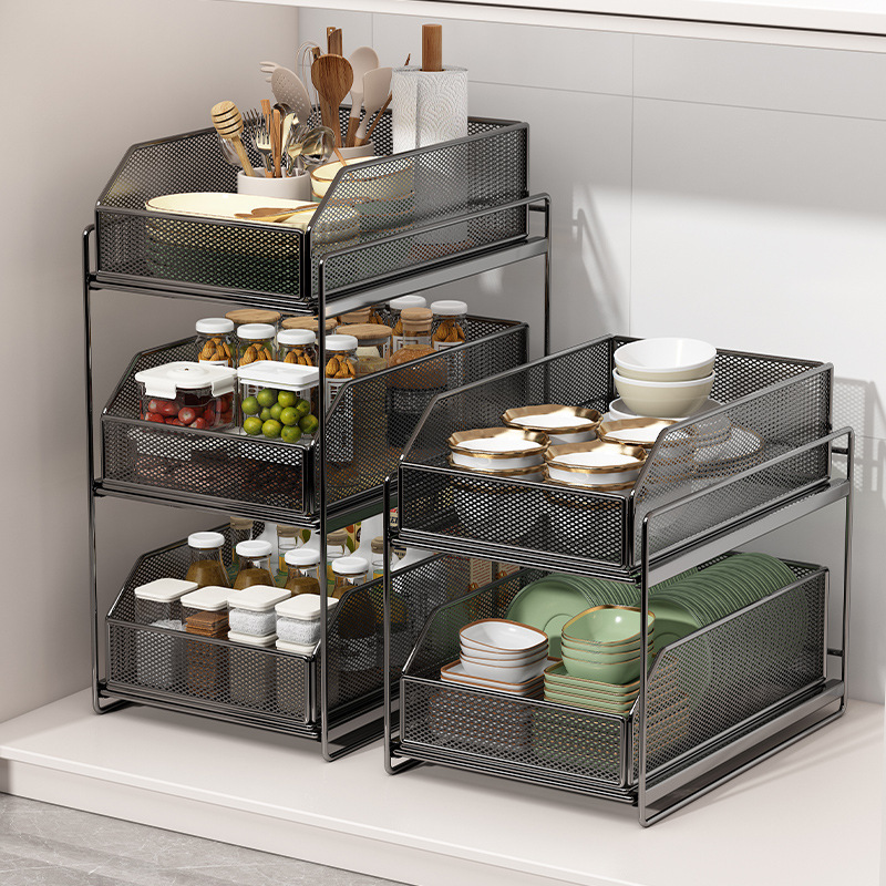 Estante de cocina bajo el fregadero tipo de extracción de almacenamiento de cesta de extracción de platos de paneles y platos de cajón de gabinete multicapa con uso doméstico incorporado
