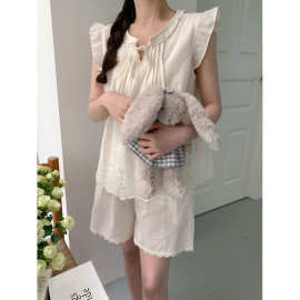 韩国ins女士夏季新品韩版舒适韩系重工刺绣花边家居服睡衣套装女