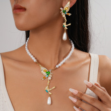 欧美锆石镶钻仿珍珠串珠乌鸦水滴吊坠项链巴洛克轻奢高级感项饰女