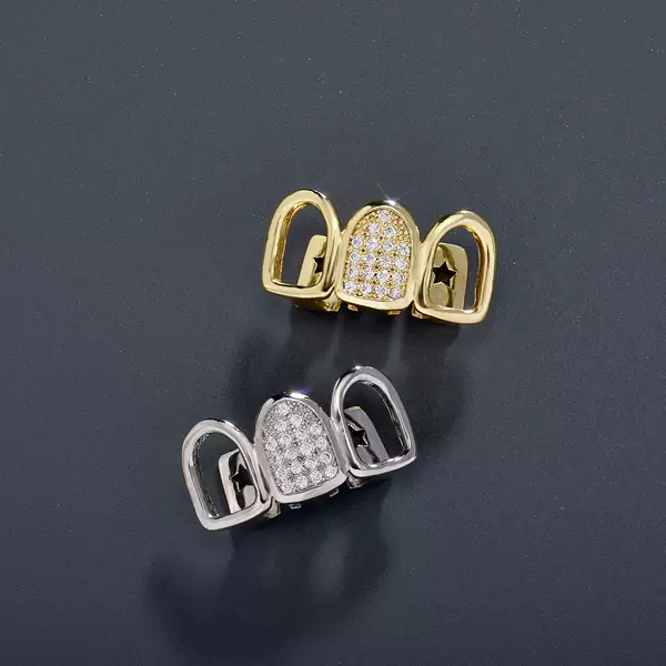 Amazon European and American Hollow Three-Row Personalized Real Gold-Plated Diamond Braces Halloween Hip-Hop Foreign Trade Tooth Accessories Wholesale