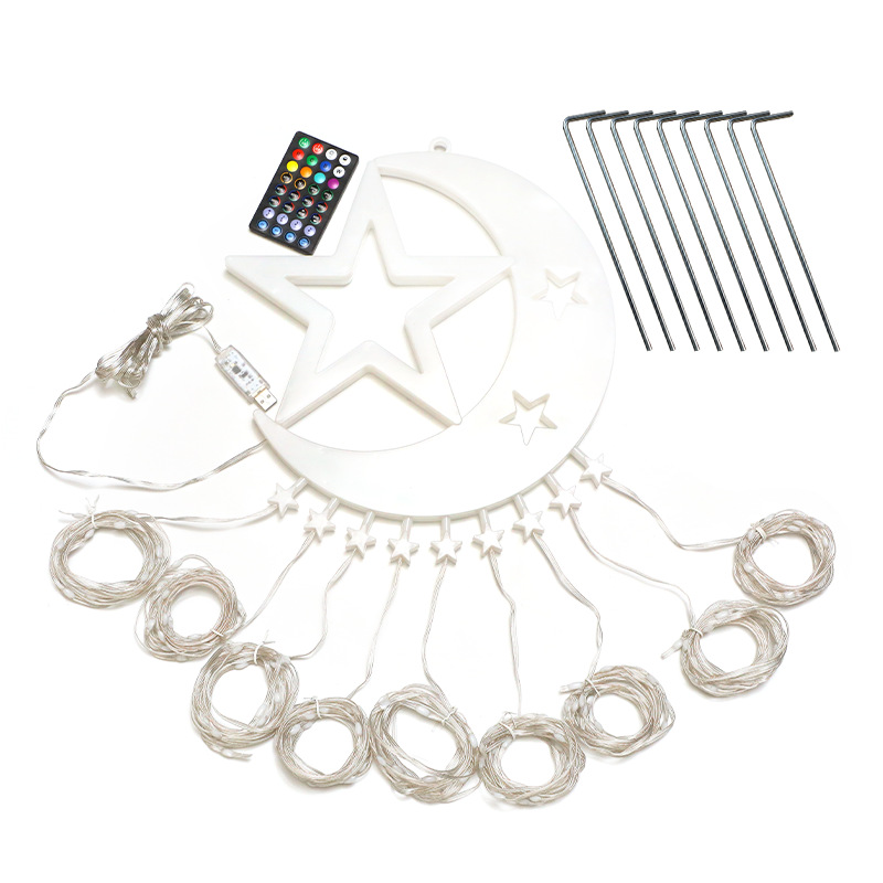 Luna nueva estrella de cinco puntas cascada luz Navidad estrella Luna al aire libre impermeable solar control remoto agua luz decorativa