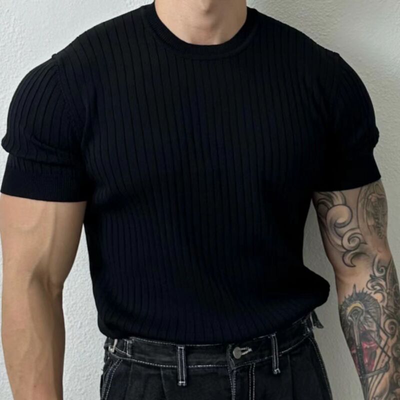 Printed Breathable Thin Ribbed Ice Silk Knitted Half-Sleeve Top Fitness Tight-Fitting Men's Summer Cool Knit Shirt Printed Breathable Thin Ribbed Ice Silk Knitted Half-Sleeve Top Fitness Tight-Fitting Men's Summer Cool Knit Shirt
