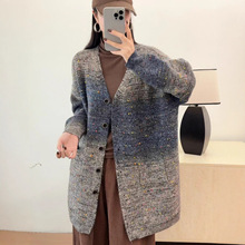 2025秋装新品 文艺复古拼色宽松v领针织衫毛衣开衫女百搭中长款