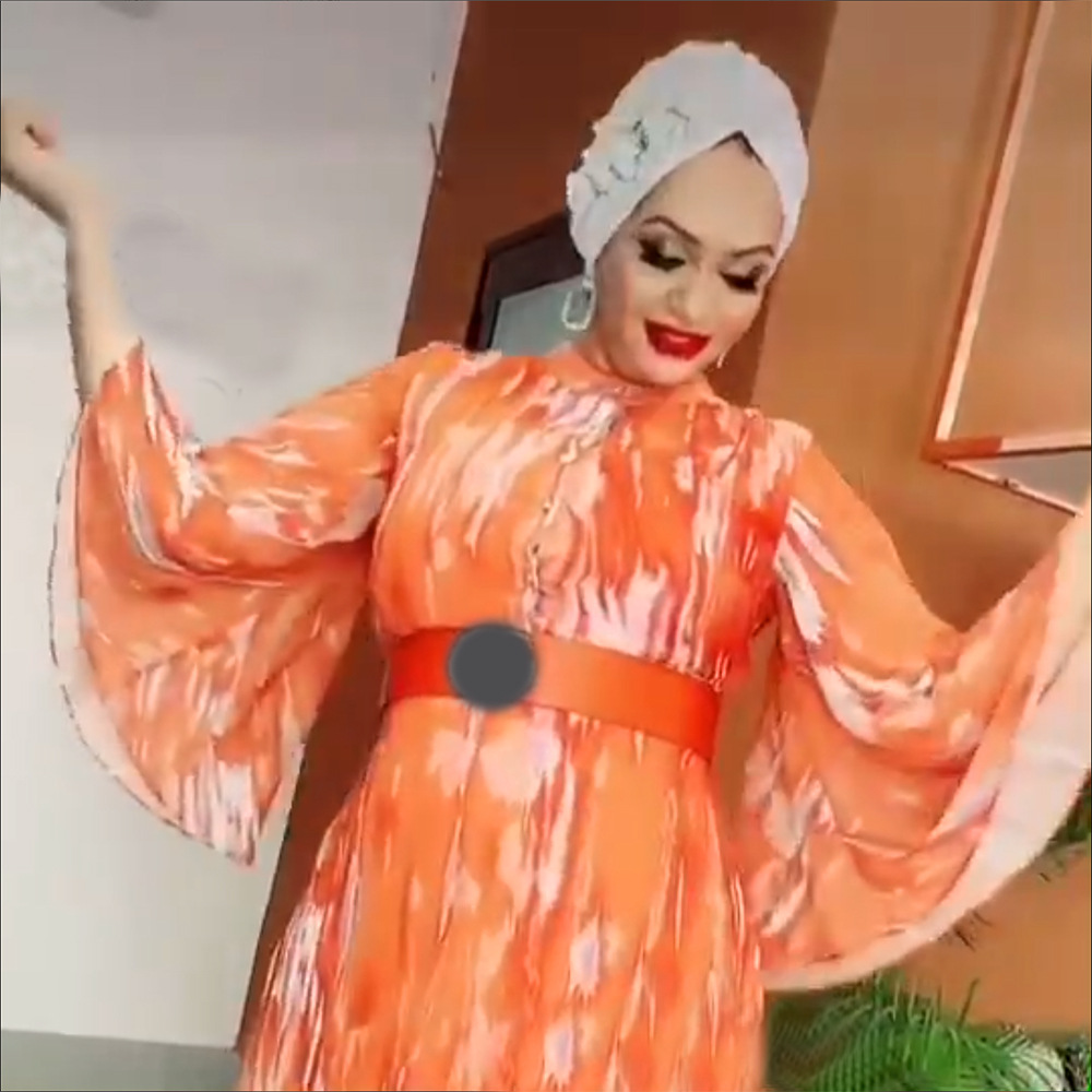 African Plus Size Women's Chiffon Bat Sleeves Ink Painting Tie-Dye Stand Collar Dress Elegant Large Swing Long Dress with Belt