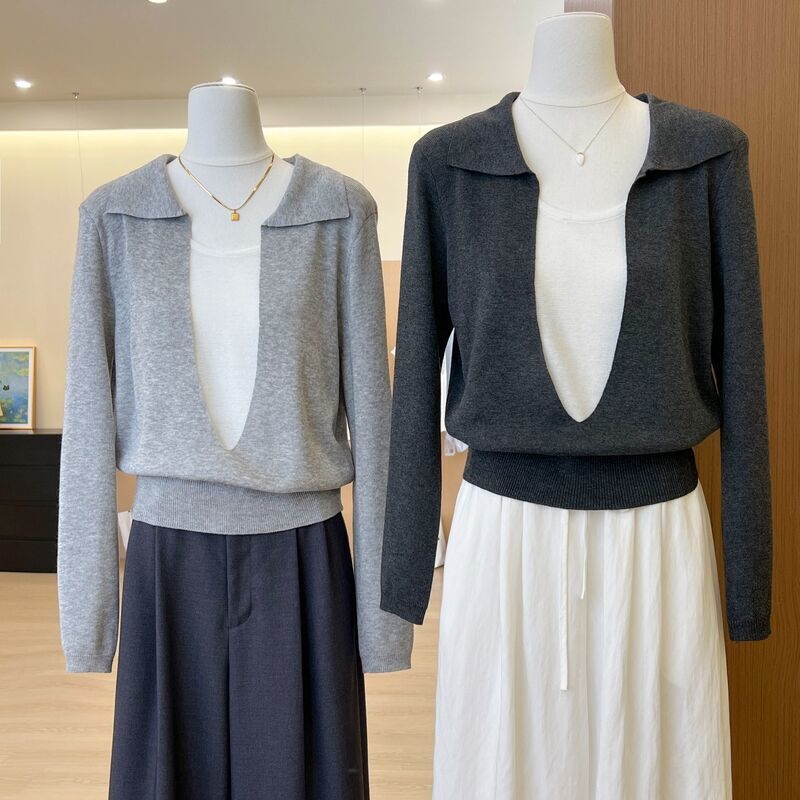 Designer-Inspired Niche Polo Shirt with a Faux Two-Piece Knit Design for Women, Featuring a High-End Color-Blocking Turn-Down Collar and a Stylish Straight-Shoulder Top for Autumn Designer-Inspired Niche Polo Shirt with a Faux Two-Piece Knit Design for Women, Featuring a High-End Color-Blocking Turn-Down Collar and a Stylish Straight-Shoulder Top for Autumn