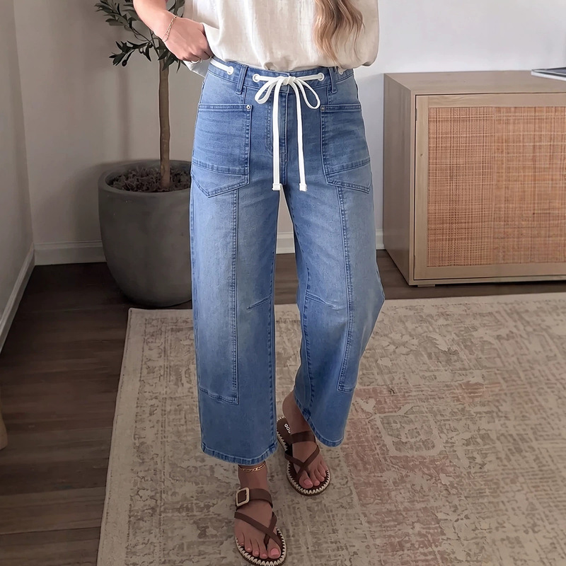 Shi Ying's best-selling autumn new ankle-length straight-leg pants for women, featuring a European and American style, trendy design, large pockets, and solid color denim Shi Ying's best-selling autumn new ankle-length straight-leg pants for women, featuring a European and American style, trendy design, large pockets, and solid color denim