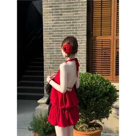 法式纯欲红色绝美性感露背连衣裙新款夏季海边度假沙滩蓬蓬花苞裙