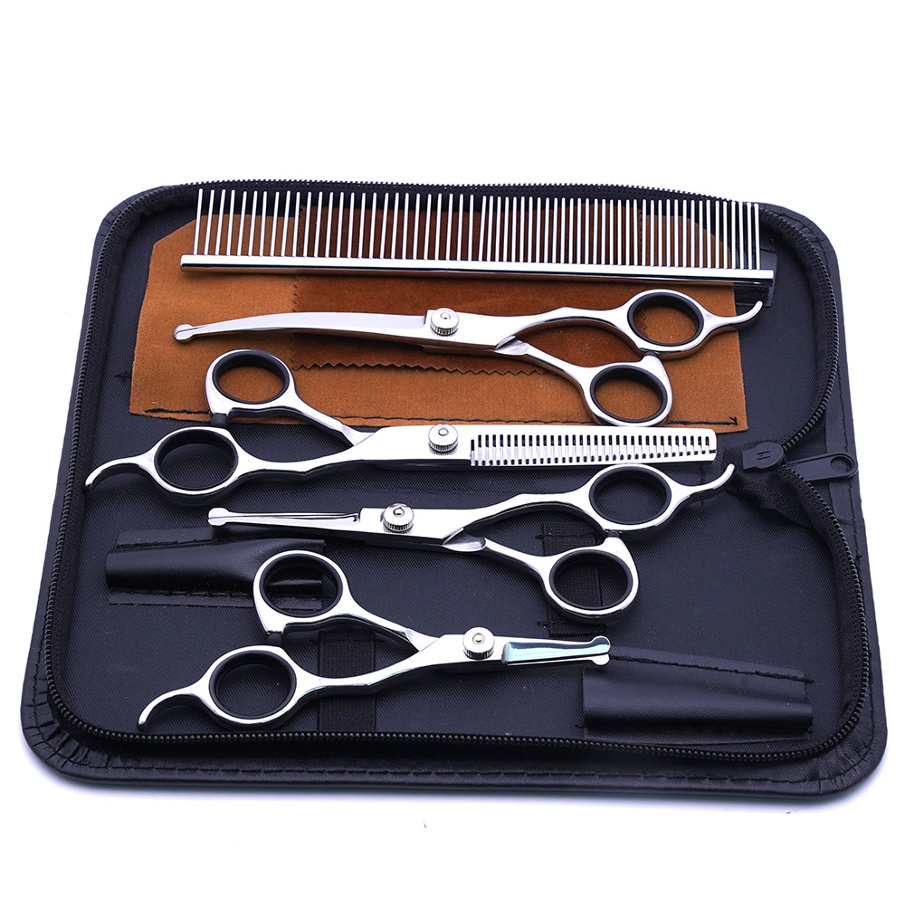 Venta directa transfronteriza tijeras de belleza para mascotas tijeras de corte de pelo de perro tijeras curvadas tijeras de corte de pelo de mascota profesional tijeras de dientes finos traje