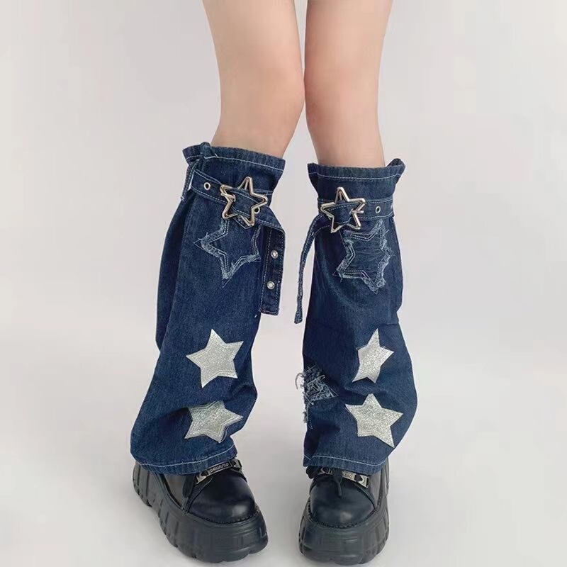 Night teaching room leg cover y2g blue Denim calf socks autumn mid-calf Star sub-culture pile socks Night teaching room leg cover y2g blue Denim calf socks autumn mid-calf Star sub-culture pile socks