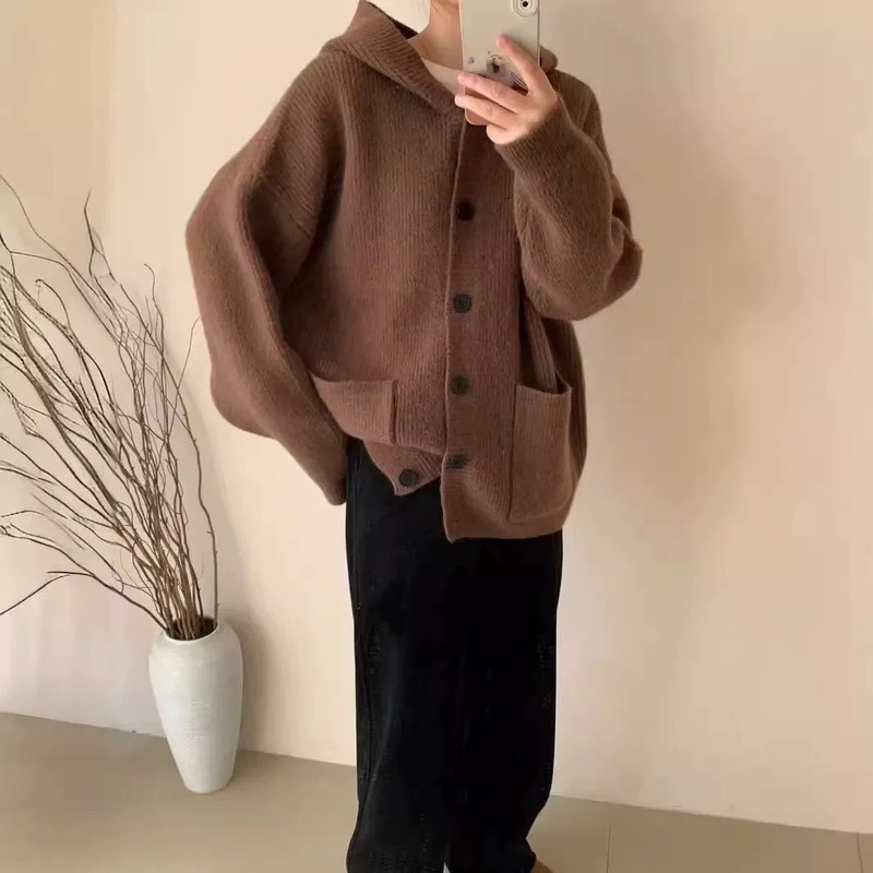 复古连帽中长款毛衣外套女秋冬款宽松软糯慵懒风加厚口袋针织开衫|undefined