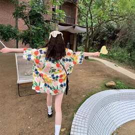 夏日油画-碎花度假感短袖衬衫女宽松夏威夷港风衬衣盐系学院风ins