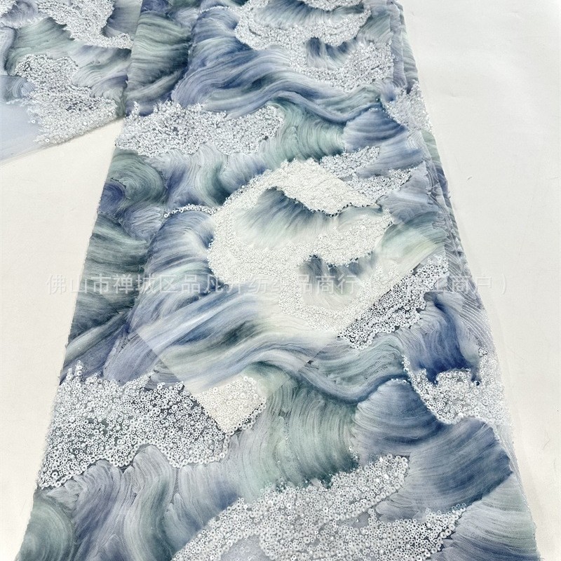 Nueva tela de bordado de tinta de onda tridimensional, vestido de boda, tela de tubo de perlas, ropa de noche de lujo ligera europea y americana image 1