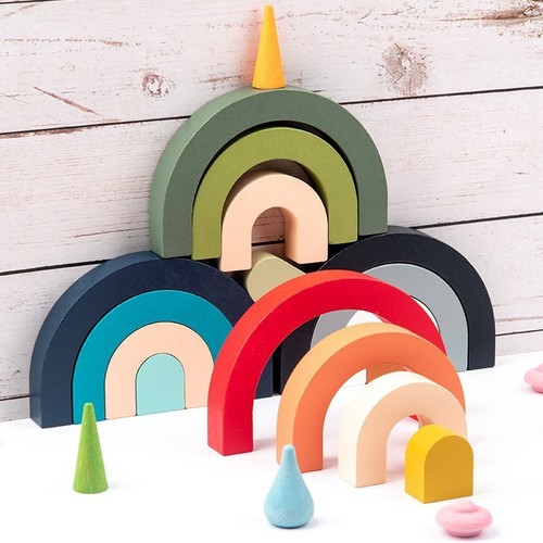 Children's Rainbow Arch Bridge Half-Circle Block Wooden Rainbow Ornament Curved Board Rainbow Shape Rainbow Person Stack and Play Toy