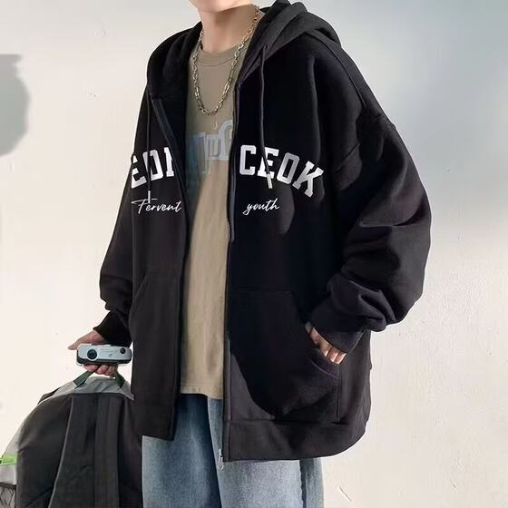 2024 Trendy Brand American Letter Jacket Men's Spring and Autumn American Cardigan Sweater Hooded Jacket Loose All-match Top