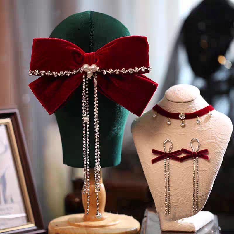 Velvet rojo gran abrazadera de cabello de arco de novia brindis de boda toque de cabeza conjunto de pendientes de compromiso de mujer temperamento de cabello