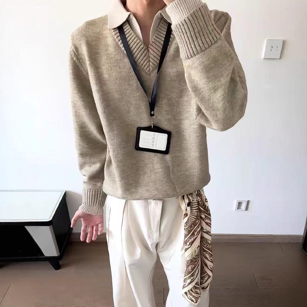 Suéter de punto de hombre falso camisa de dos piezas de cuello V coreano casual camisa de base de negocios ligera abrigo de viento perezoso transfronterizo