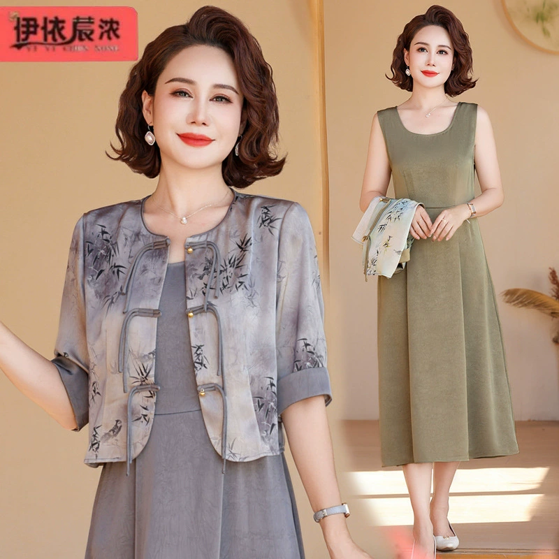 Темпераментный национальный стиль с короткими рукавами платье набор летом новая женщина среднего возраста