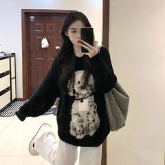 2025秋冬黑色高级感毛衣女超好看斑点狗提花针织套头宽松慵懒风