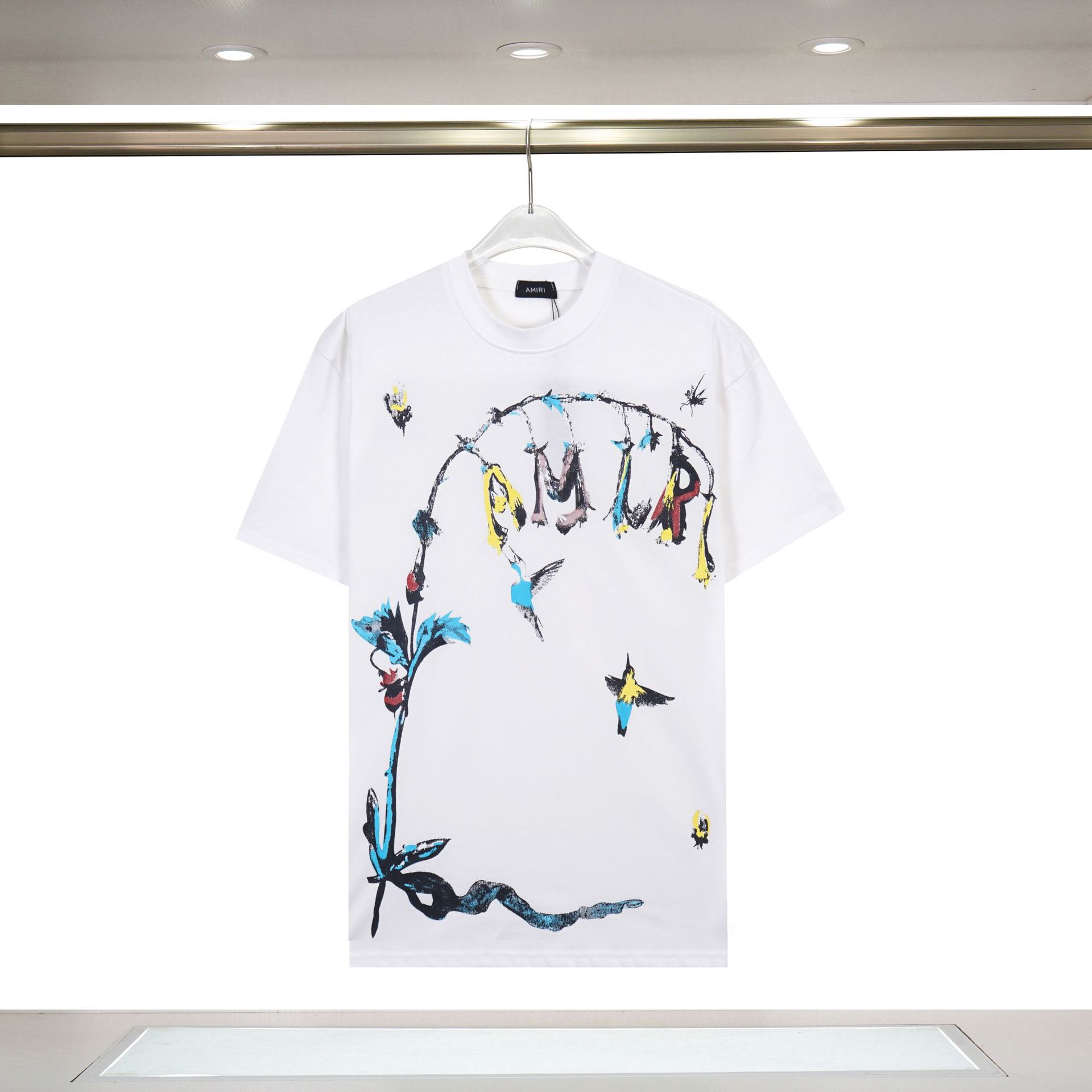 Amiri Cross-Border New AMIRI Letter Logo Hot Drilling Craft para hombres y mujeres camisetas de manga corta sueltas