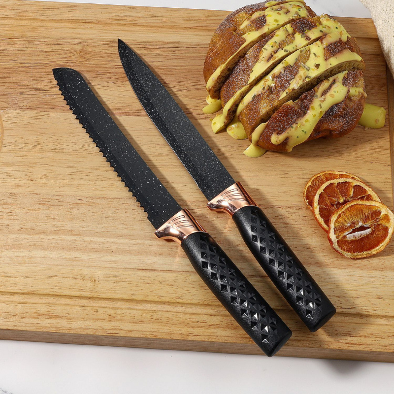 Inventario negro dorado barril de acero inoxidable cuchillo set de siete piezas cuchillo de cocinero cuchillo de pan