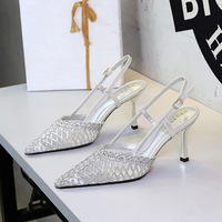 8718-A11 European and American style design woven mesh socialite temperament women's shoes pointed shallow mouth straight buckle external sandals