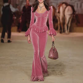 欧美现货跨境女装2026秋冬性感露脐长袖上衣纯色微叭裤两件套