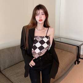 欧美性感格子百搭格子复古弹力一字领透气方巾露吊带女