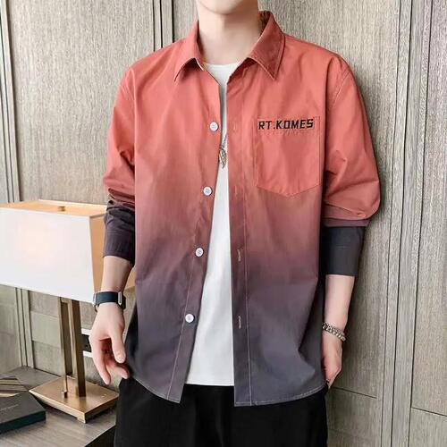 Men's Long-Sleeve Gradation Shirt for Spring and Autumn - New Arrival Korean Style Casual T-Shirts for Men - Blue Trendy Loose Top Coat