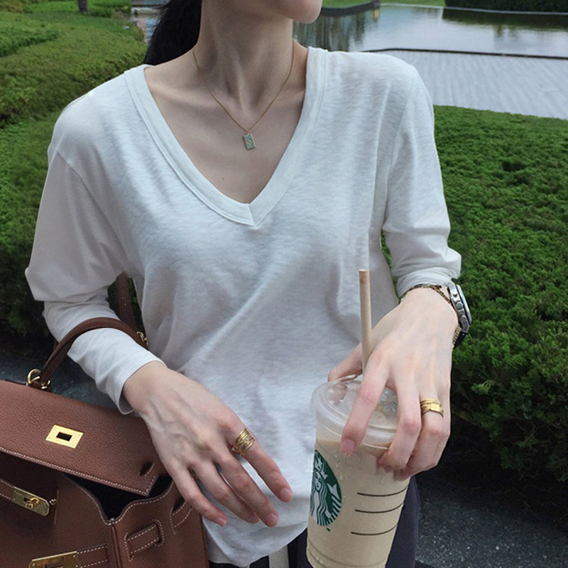 现货早秋竹节棉百搭白色打底衫韩版休闲V领内搭上衣潮