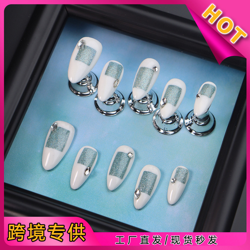 Popular Handmade Premium Wearable Nails, European and American Summer Sea Salt Style Fake Nail Patches, Blue Seaside Versatile Design