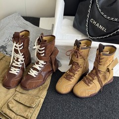 MuXuan~ 葡萄m 同款拳击靴复古拼色绑带侧拉链猎装德训马丁靴短靴