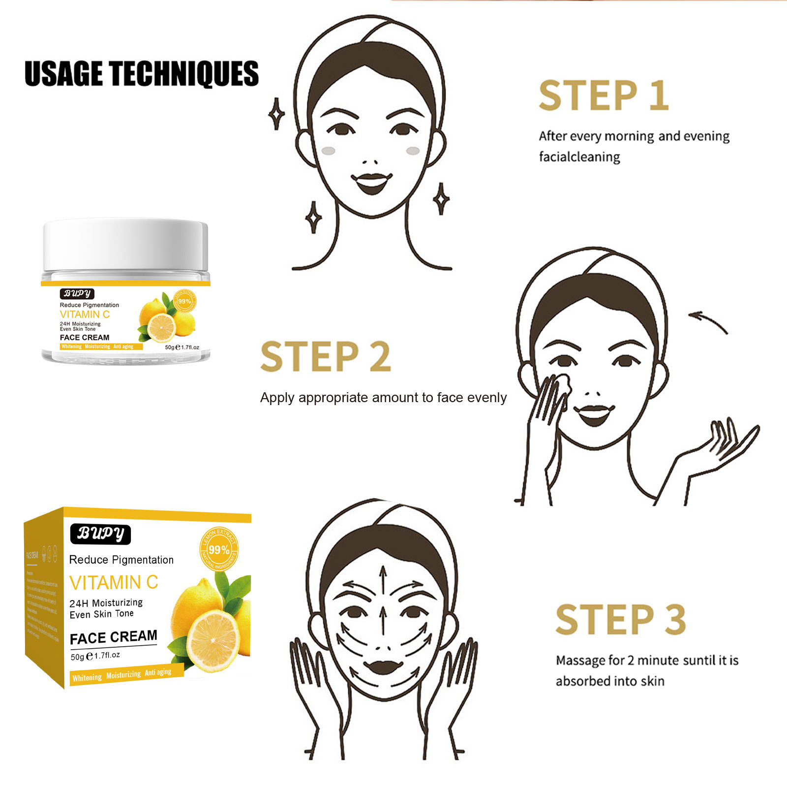 La crème pour le visage vitamine C BUPY réduit les rides, raffermit, hydrate la peau, éclaircit la pigmentation et éclaircit le ski._voghion.com