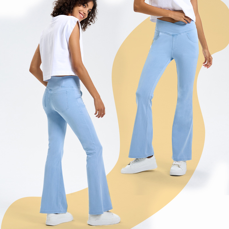 Cintura alta adelgazamiento intersección bolsa Denim fitness pantalones acampanados mujeres estiramiento apretado deportes yoga al aire libre pantalones Casuales
