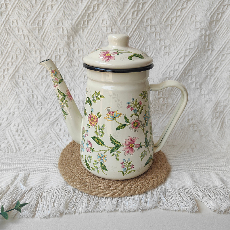 Artistic Enamel Pour-Over Coffee Pot, Oil Pot, Teapot for Kitchen Boiling Water, Tea Brewing Pot for Gongfu Tea, Compatible with Induction Cookers and Gas Stoves