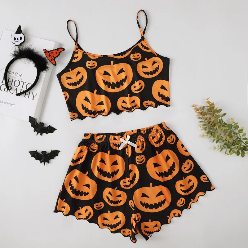Funny Halloween Pumpkin Head Print Camisole Top and Sleeveless Loungewear Pure Milk Silk Pajama Set for Women Funny Halloween Pumpkin Head Print Camisole Top and Sleeveless Loungewear Pure Milk Silk Pajama Set for Women