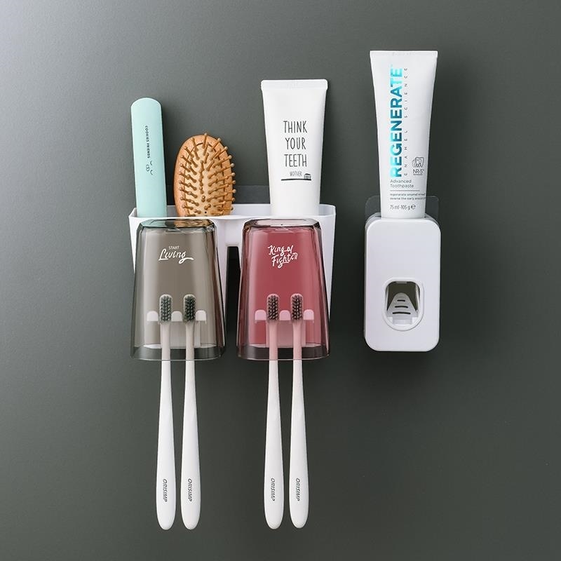 牙刷置物架双位挤牙膏器塑料手按式牙刷杯杯架悬挂式双人刷牙牙刷